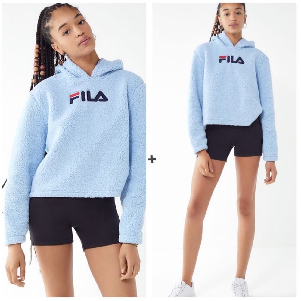 Urban Outfitters Fila Blue Teddy Sweatshirt Size Small Sherpa Hoodie Logo Crop